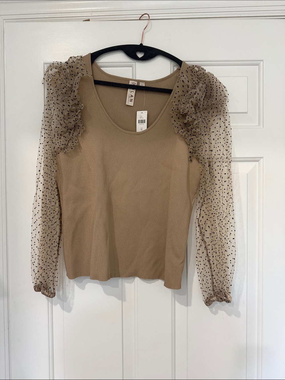 Anthropologie Beige Ribbed Top with Sheer Polka Dot Puff Sleeves